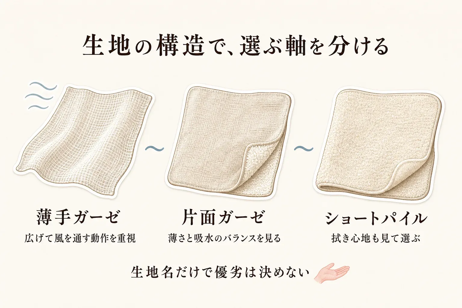 生地の構造でタオルハンカチの選ぶ軸を分ける図。薄手ガーゼは広げて風を通す動作、片面ガーゼは薄さと吸水のバランス、ショートパイルは拭き心地を重視し、生地名だけで優劣は決めないと説明している