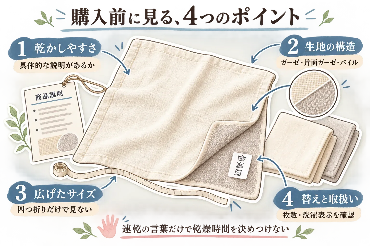 吸水速乾タオルハンカチを購入前に見る4つのポイントを示す図。乾かしやすさの具体的な商品説明、生地の構造（ガーゼ・片面ガーゼ・パイル）、四つ折りだけで見ない広げたサイズ、替えの枚数と洗濯表示を確認し、速乾という言葉だけで乾燥時間を決めつけないと説明している