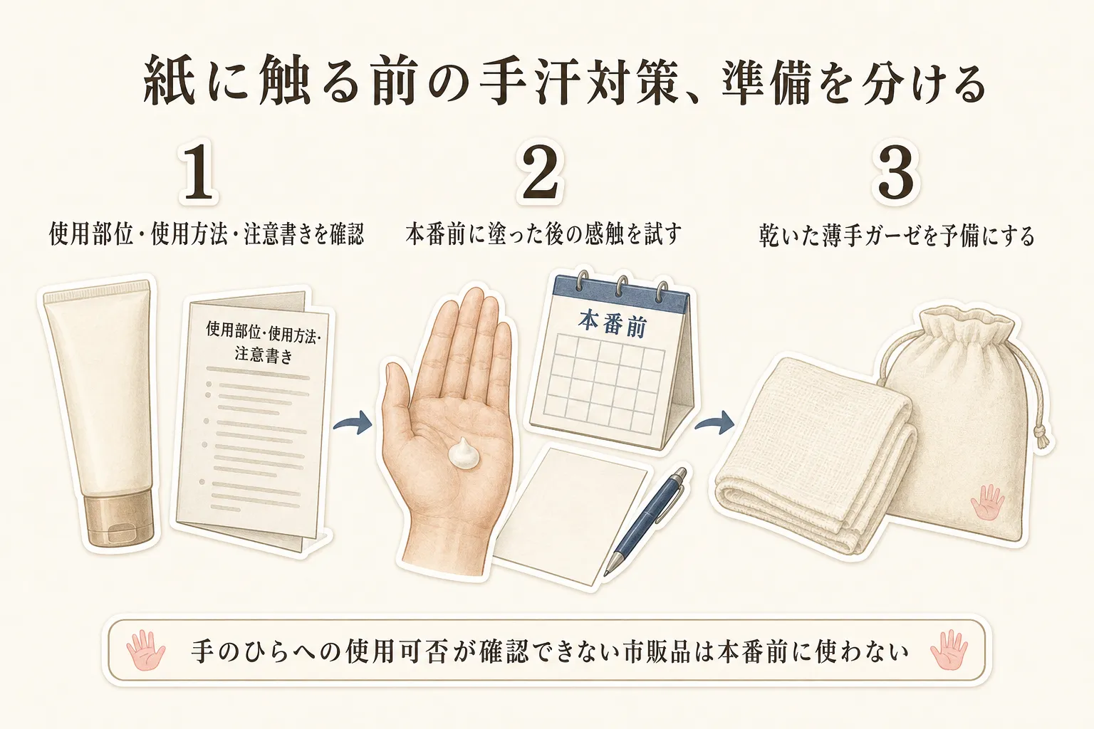 紙に触る前の手汗対策を3段階で示す図。使用部位・使用方法・注意書きの確認、手のひらに塗った後の感触を本番前に試すこと、乾いた薄手ガーゼを予備にすることを示し、手のひらへの使用可否を確認できない市販品は本番前に使わないと説明している