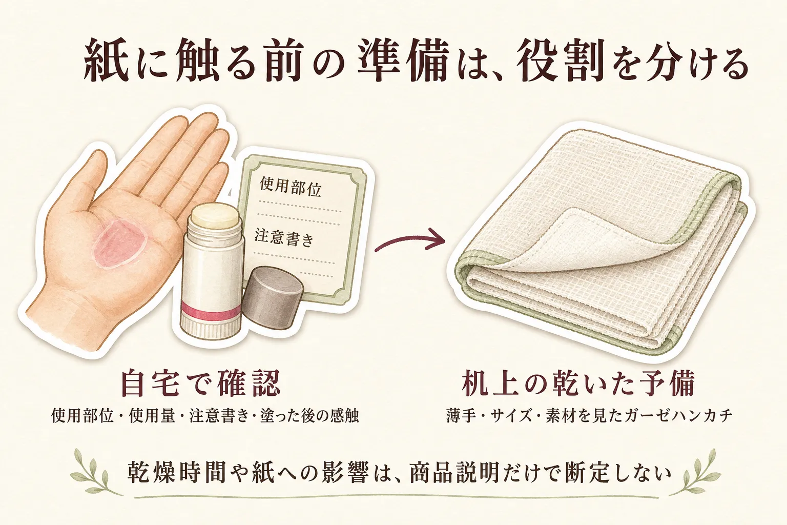 紙に触る前の準備の役割を分ける図。自宅ではクリームの使用部位・使用量・注意書き・塗った後の感触を確認し、机上では薄手・サイズ・素材を確認した乾いたガーゼハンカチを予備にすること、乾燥時間や紙への影響は商品説明だけで断定しないことを示している