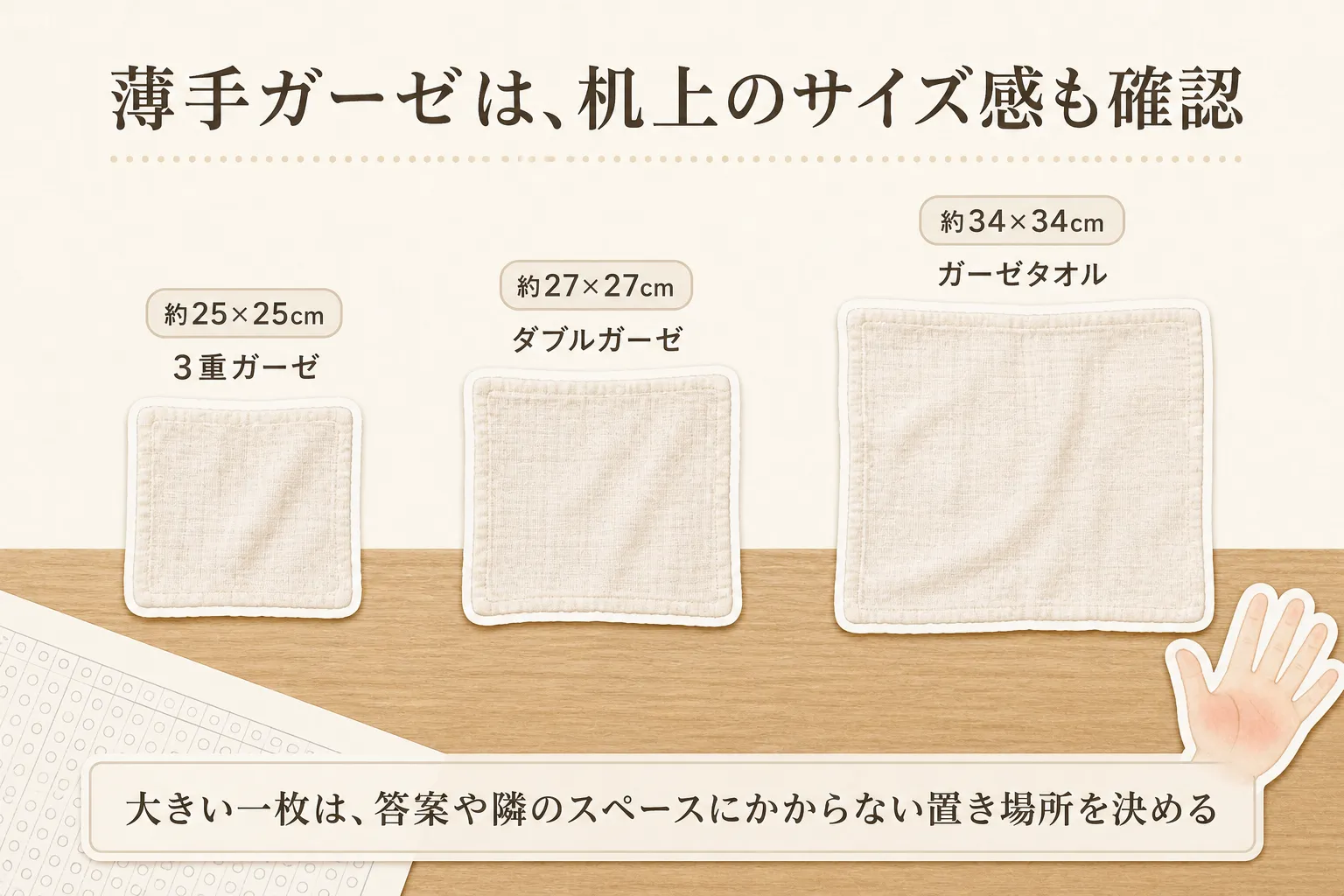 薄手ガーゼの机上でのサイズ感を比べる図。3重ガーゼ約25×25cm、ダブルガーゼ約27×27cm、ガーゼタオル約34×34cmを並べ、大きい一枚は答案や隣のスペースにかからない置き場所を決めると説明している