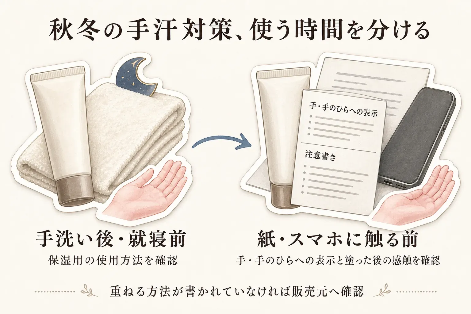 秋冬の手汗対策で使う時間を分ける図。手洗い後・就寝前は保湿用の使用方法を確認し、紙・スマホに触る前は手・手のひらへの表示と塗った後の感触を確認する。重ねる方法が書かれていなければ販売元へ確認すると示している