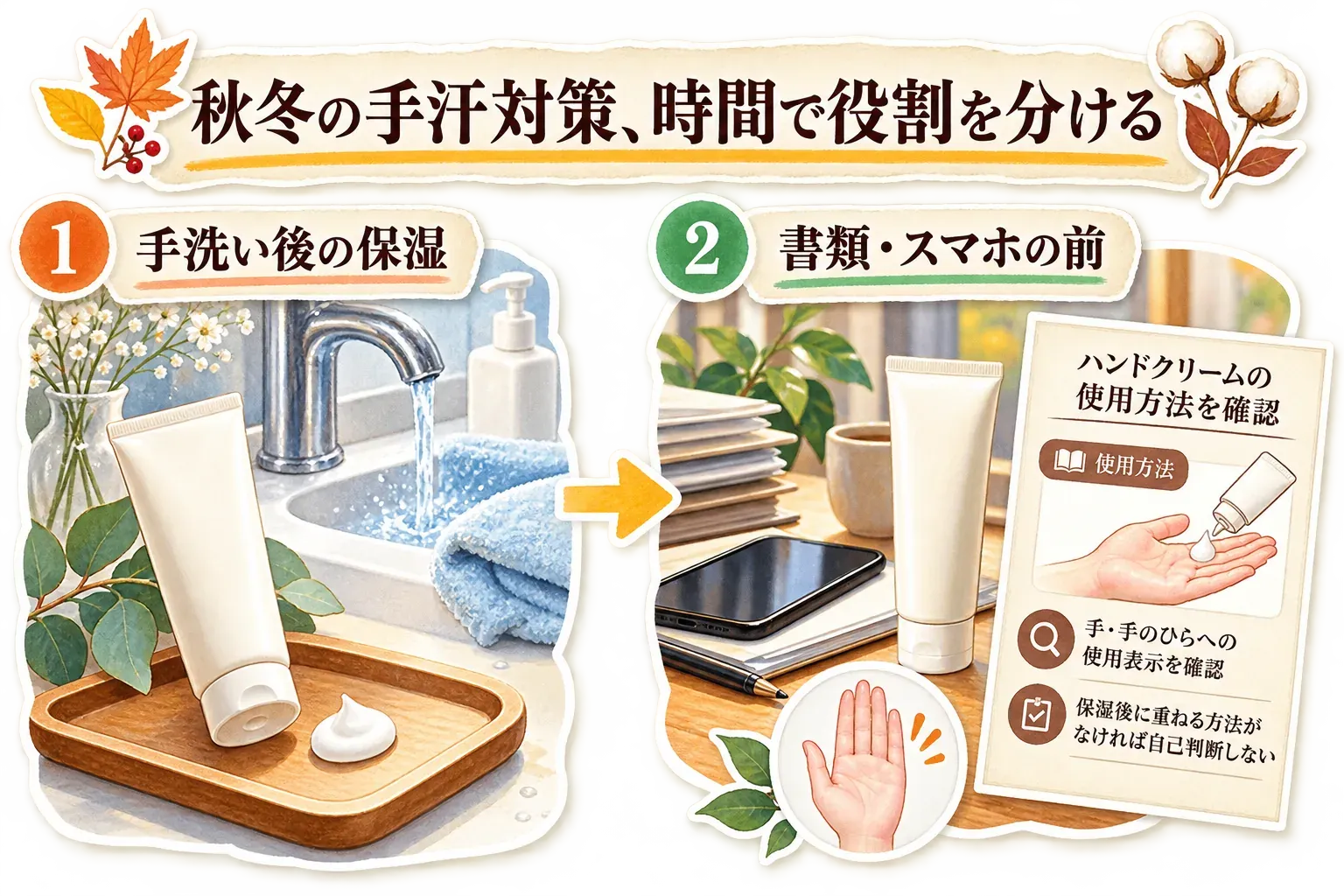 秋冬の手汗対策の役割を時間で分ける図。手洗い後は保湿し、書類・スマホに触る前はハンドクリームの使用方法、手・手のひらへの使用表示、保湿後に重ねる方法がなければ自己判断しないことを確認する流れを示している