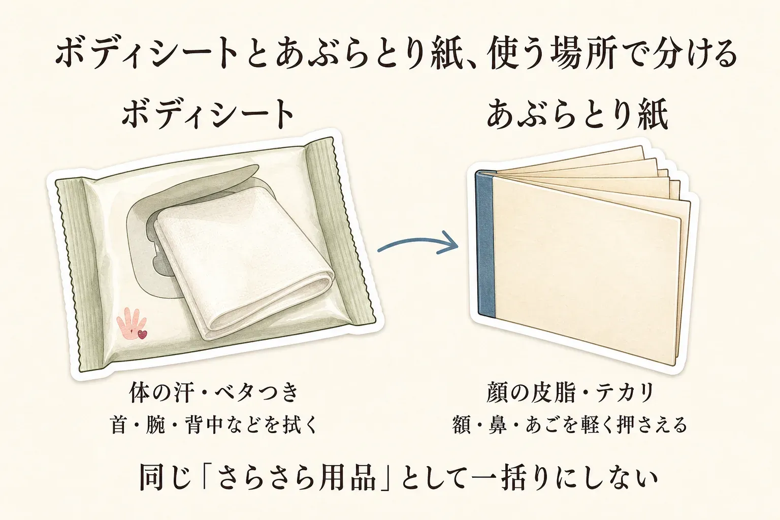 ボディシートとあぶらとり紙を使う場所で分ける図。ボディシートは首・腕・背中など体の汗やベタつきを拭き、あぶらとり紙は額・鼻・あごの皮脂やテカリを軽く押さえること、同じ『さらさら用品』として一括りにしないことを示している。