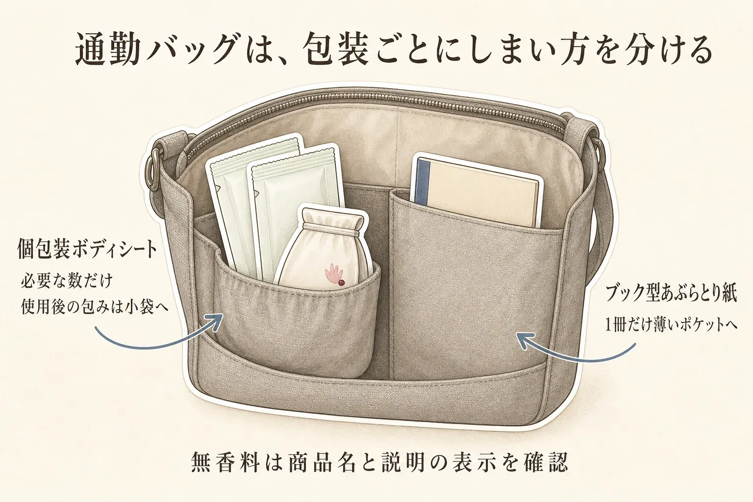 通勤バッグでのしまい分けを示す図。個包装ボディシートは必要な数だけポケットに入れ、使用後の包みは小袋へ入れる。ブック型あぶらとり紙は1冊だけ薄いポケットへ入れ、無香料は商品名と説明の表示で確認する。
