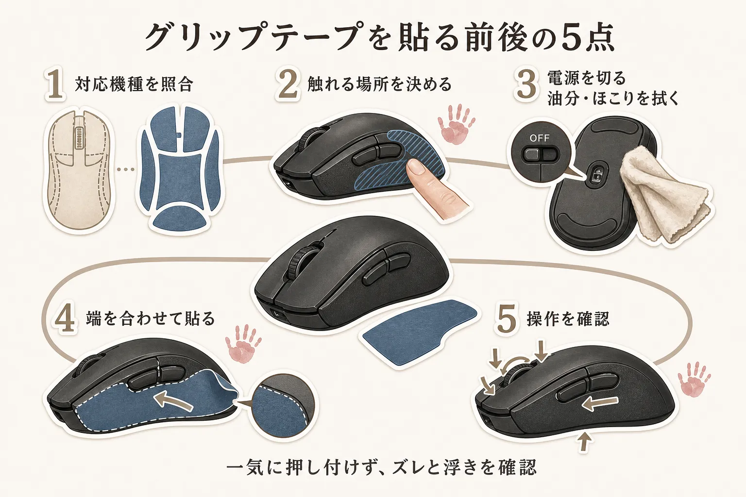 マウスグリップテープを貼る前後の5つの確認手順を示す図。対応機種を照合し、触れる場所を決め、電源を切って油分・ほこりを拭き、端を合わせて貼り、クリック・ホイール・サイドボタン・持ち上げ動作を確認する流れ
