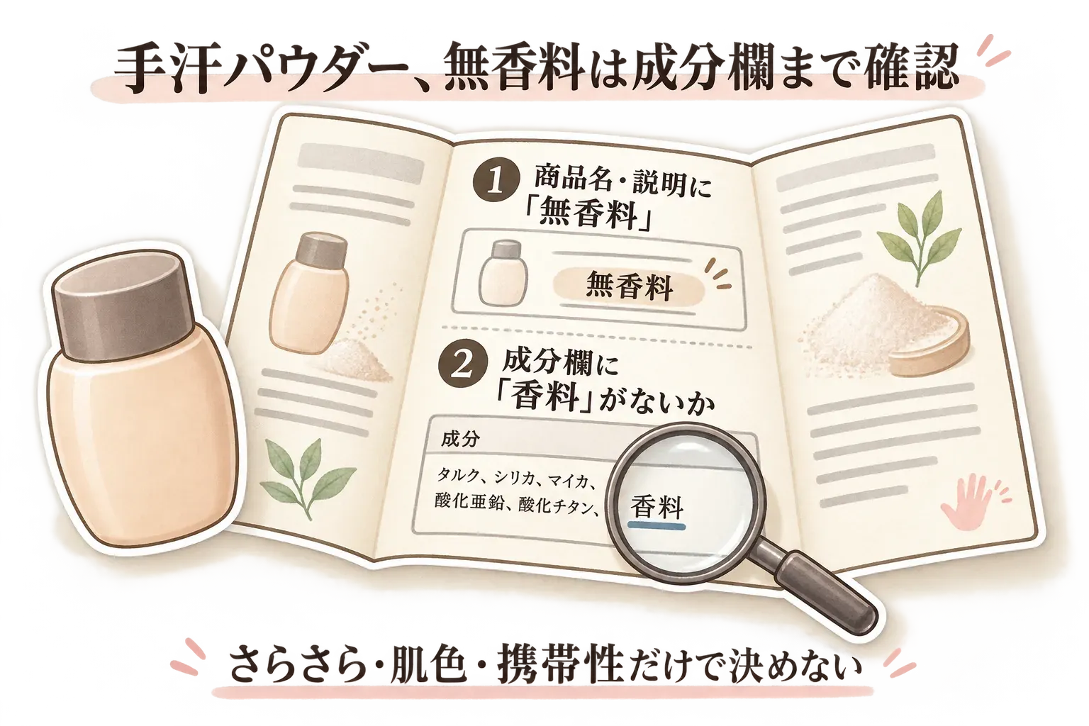 手汗パウダーの無香料表示を確認する図。商品名・説明に「無香料」とあるかを確認したうえで、成分欄に「香料」がないかを確認する2段階を、パウダー容器、成分表、虫眼鏡のイラストで示し、さらさら感・肌色・携帯性だけで決めないよう伝えている