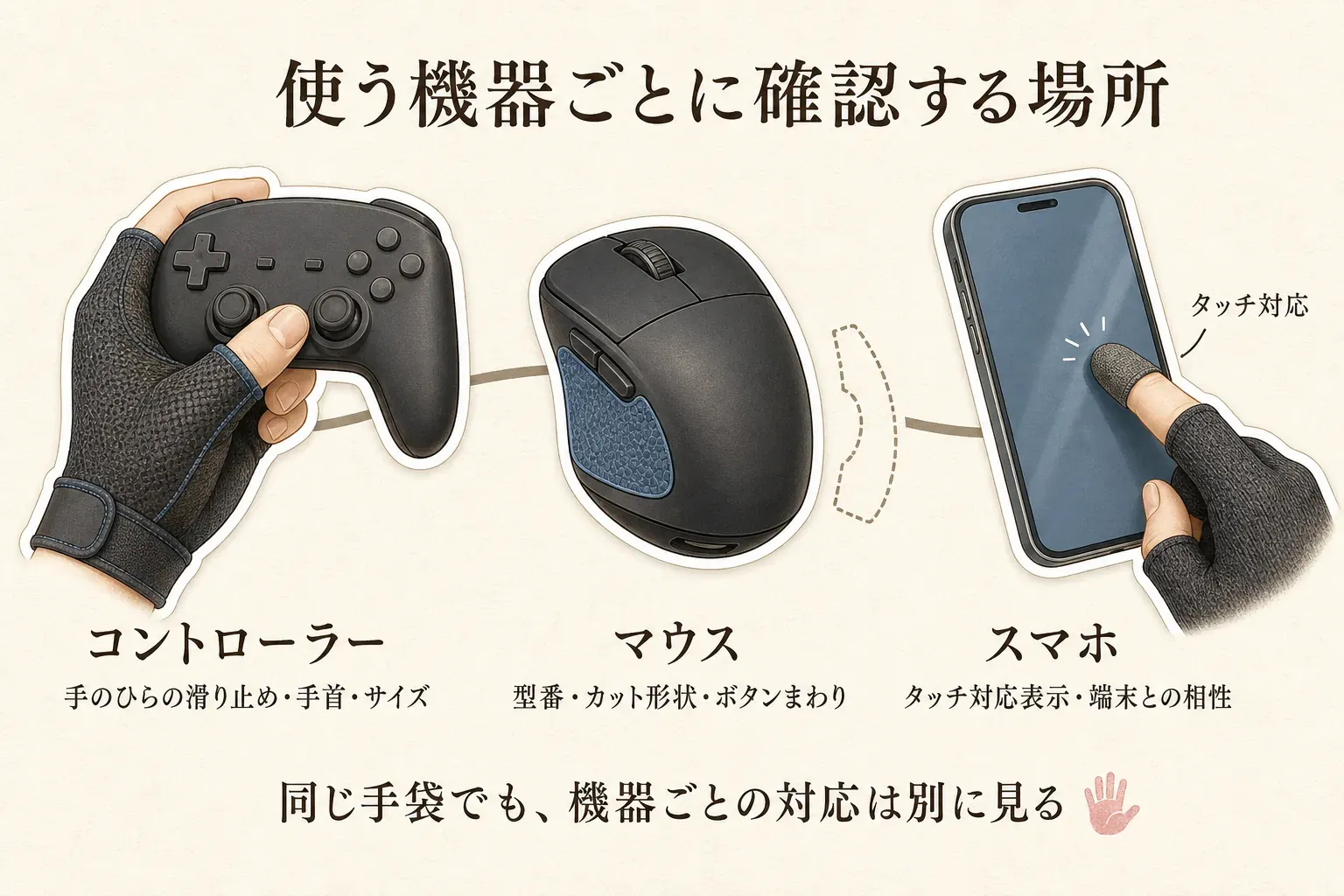 使う機器ごとの確認場所を示す図。コントローラーでは手のひらの滑り止め・手首・サイズ、マウスでは型番・カット形状・ボタンまわり、スマホではタッチ対応表示・端末との相性を確認することを描いている。