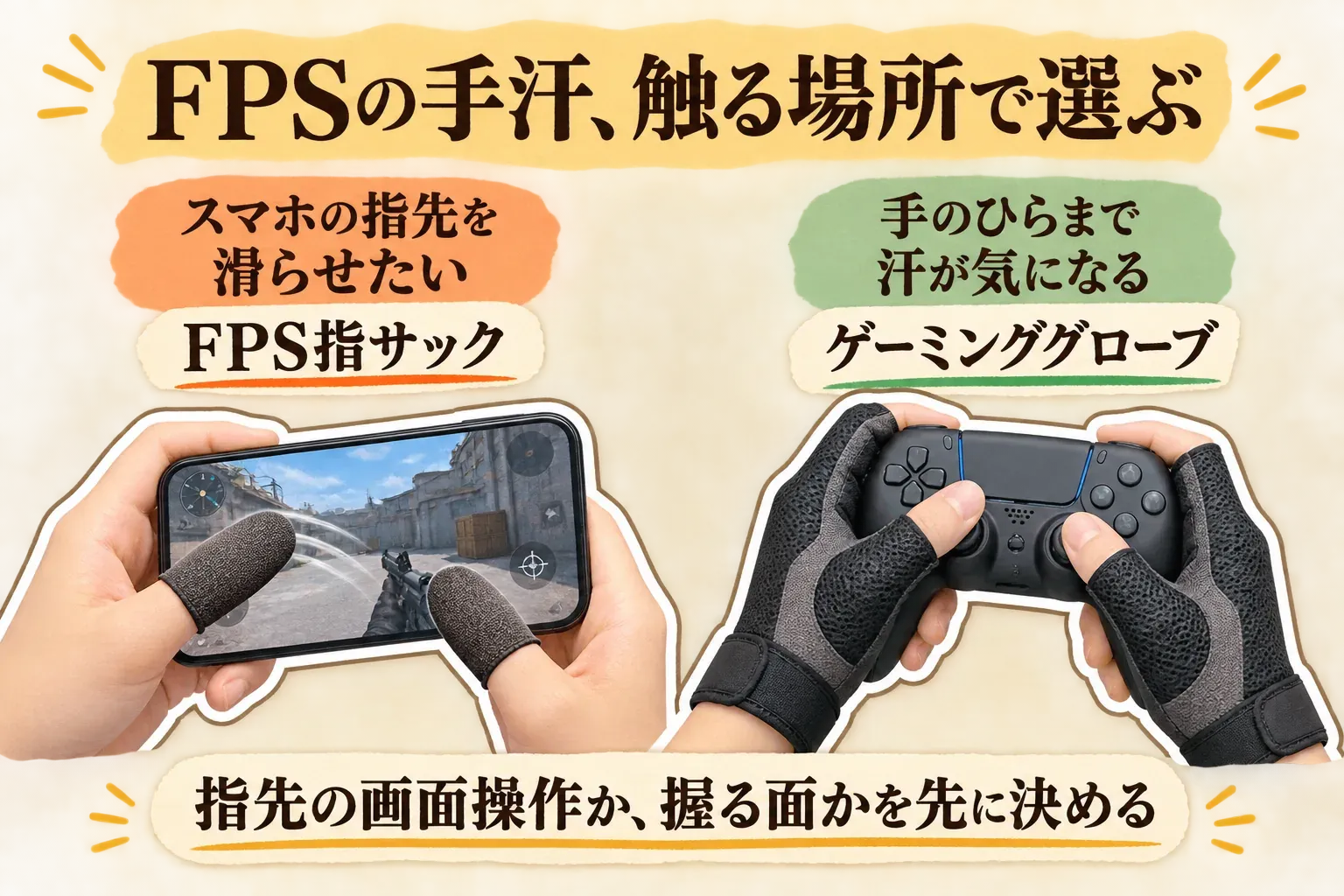FPSの手汗対策を触る場所で選ぶ図。スマホ画面で指先を滑らせたい場合はFPS指サック、コントローラーを握る手のひらまで汗が気になる場合はゲーミンググローブを選び、指先の画面操作か握る面かを先に決めると示している