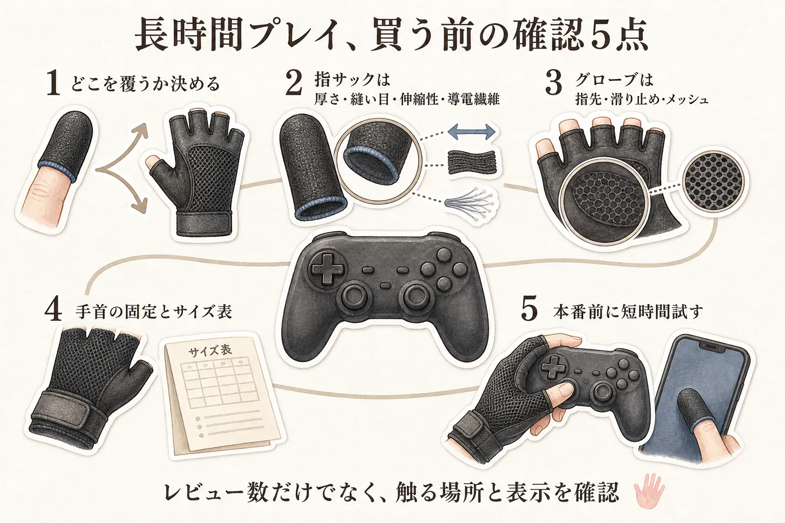 長時間プレイ用の指サック・グローブを買う前の確認5点を示す図。覆う場所を決める、指サックは厚さ・縫い目・伸縮性・導電繊維を見る、グローブは指先・滑り止め・メッシュを見る、手首の固定とサイズ表を確認する、本番前に短時間試す、の順に説明している