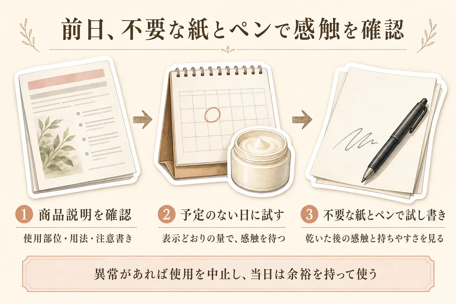 前日に不要な紙とペンで感触を確認する3手順の図。1は商品の使用部位・用法・注意書きを確認する、2は予定のない日に表示どおりの量で使い乾くまで待つ、3は不要な紙とペンで試し書きして乾いた後の感触と持ちやすさを見る。異常があれば使用を中止し、当日は余裕を持って使うよう示している