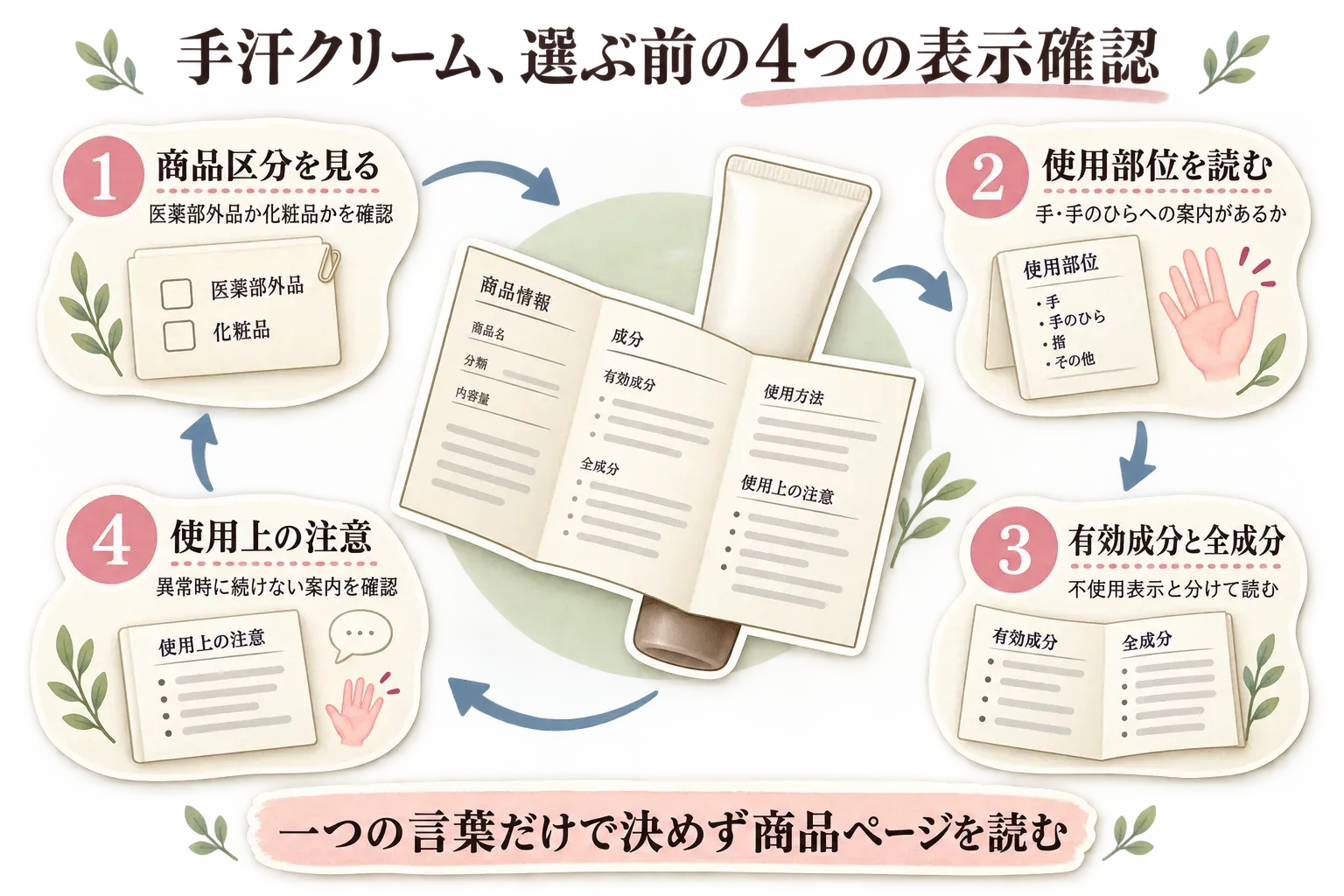 手汗クリームを選ぶ前の4つの表示確認を順に示す図。1は医薬部外品か化粧品かの商品区分、2は手・手のひらへの案内があるかの使用部位、3は不使用表示と分けて読む有効成分・全成分、4は異常時に続けない案内を確認する使用上の注意。一つの言葉だけで決めず商品ページを読むよう案内している