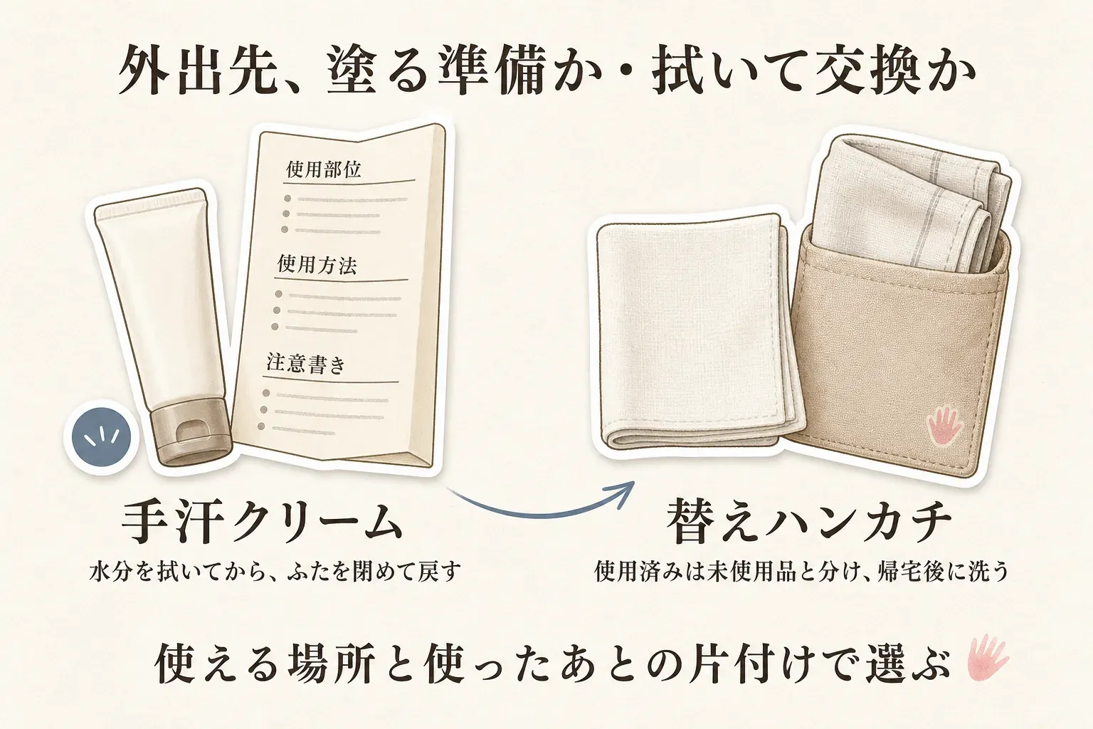 外出先で手汗クリームと替えハンカチを選ぶ基準を示す図。手汗クリームは使用部位・使用方法・注意書きを確認し、水分を拭いてから使い、ふたを閉めて戻す。替えハンカチは使用済みを未使用品と分け、帰宅後に洗う。使える場所と使用後の片付けで選ぶ