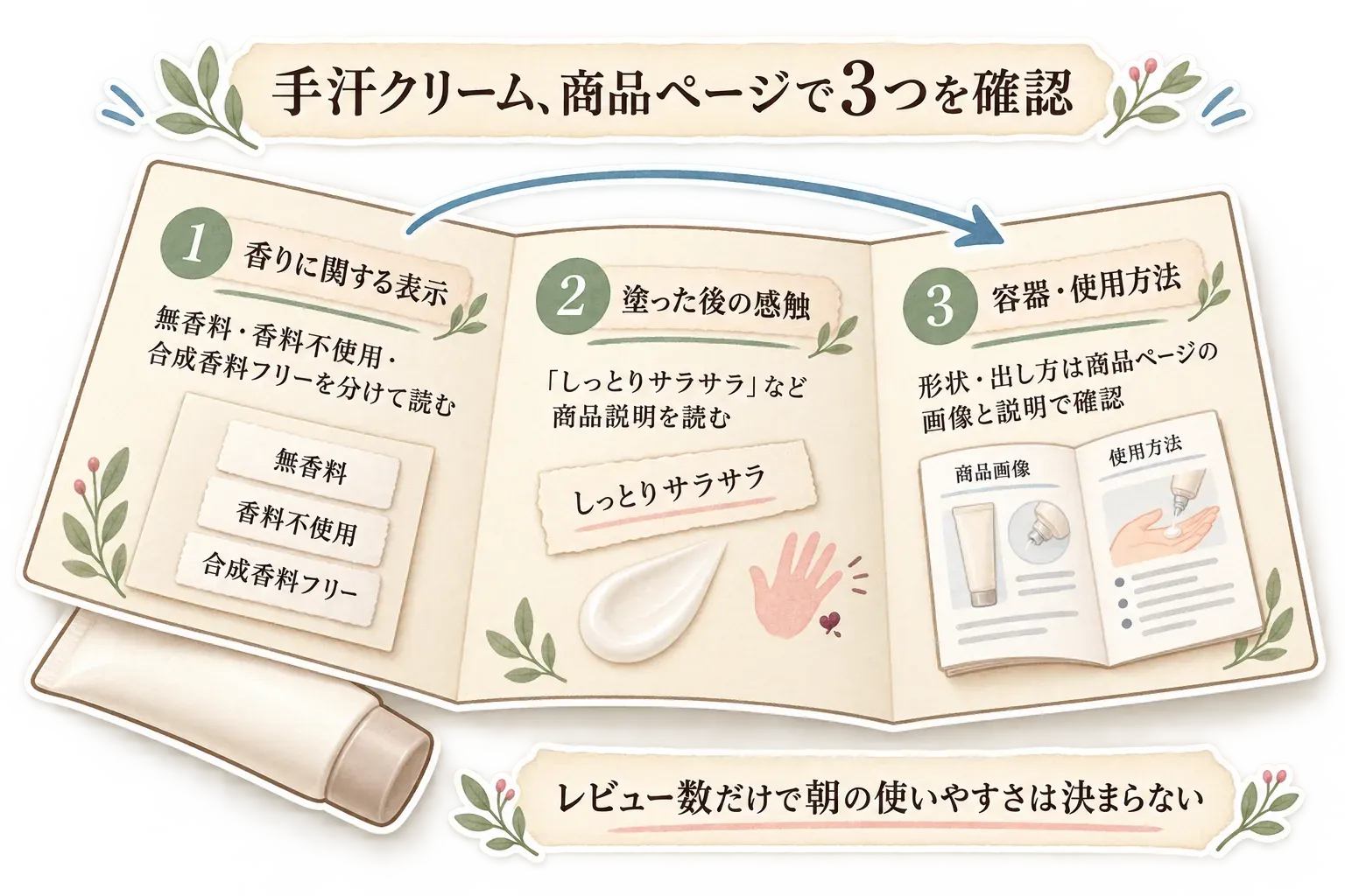 手汗クリームの商品ページで確認する3点を示す図。無香料・香料不使用・合成香料フリーを分けて読む香りに関する表示、しっとりサラサラなどの商品説明にある塗った後の感触、商品画像と使用方法で確認する容器の形状・出し方を順に示し、レビュー数だけでは朝の使いやすさは決まらないと説明している