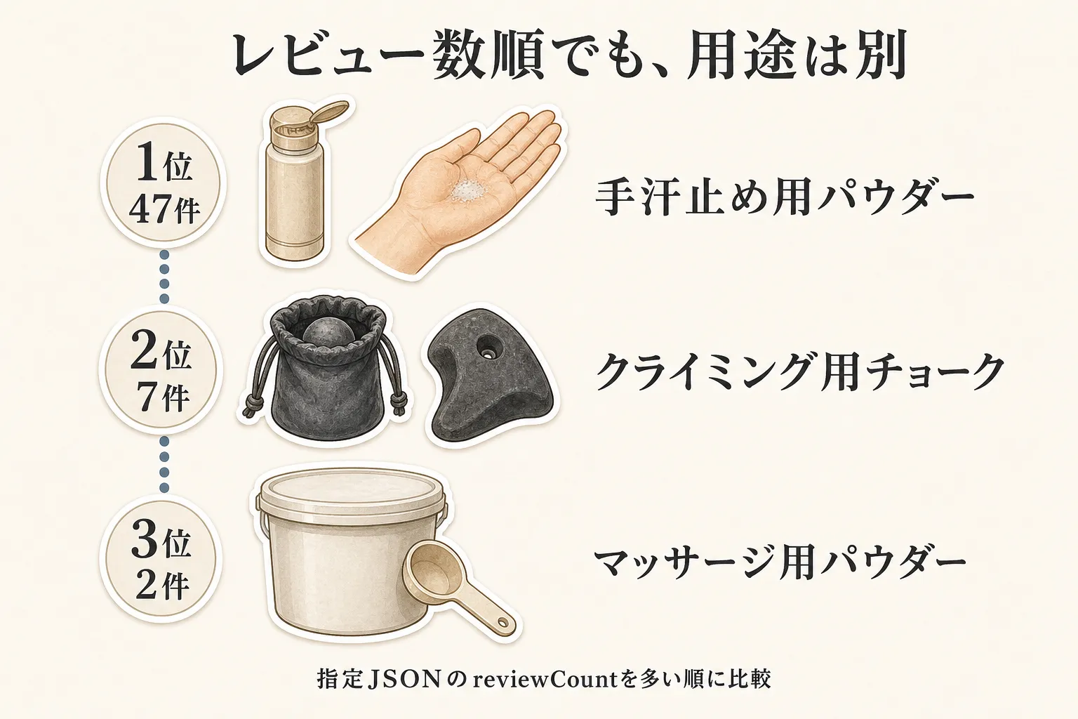 レビュー数順で比較する3商品を、手汗止め用パウダー、クライミング用チョーク、マッサージ用パウダーに分け、無香料表示・容器の出しやすさ・衣類への付着に関する注意を確認する目的を示した図。