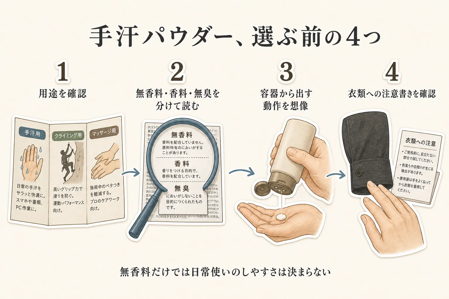 粉っぽさや衣類への付着が気になる人向けの商品確認順。用途が手汗用・クライミング用・マッサージ用のどれか、無香料・香料・無臭の表示、容器から必要量を出す動作、衣類への付着に関する注意書きを順に確認する図。