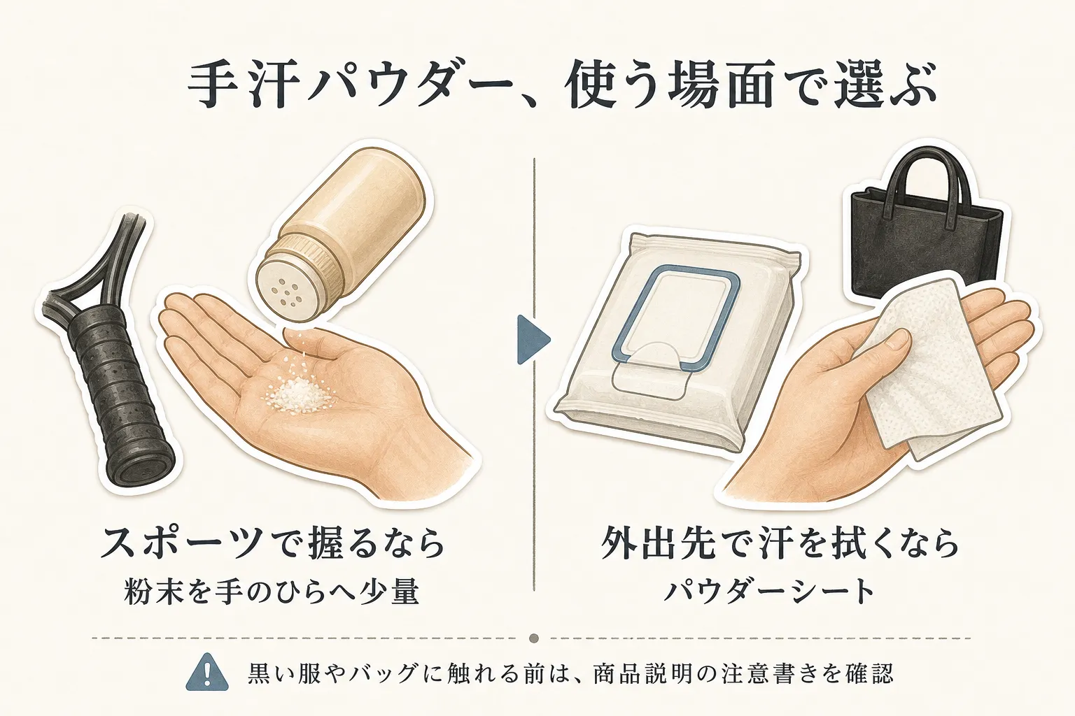 手汗パウダーを使う場面の選び方。スポーツでグリップを握る場面では手のひらに粉末を少量付け、外出先で汗を拭く場面ではパウダーシートを使うことを、黒い服やバッグに触れる前には商品説明の注意書きを確認する注意とともに示した図。