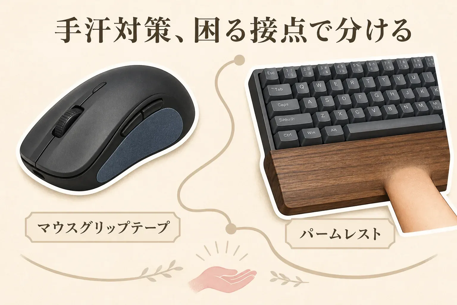 手汗対策を困る接点で分ける図。マウスの握る面にはマウスグリップテープ、キーボード前で手首を置く場所にはパームレストを示している