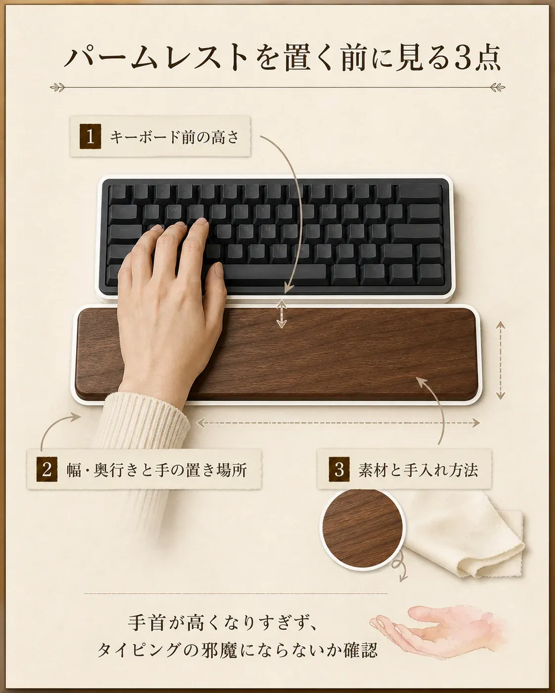 パームレストを置く前の3点を示す図。キーボード前面との高さ、幅・奥行きと手の置き場所、素材と手入れ方法を確認し、手首が高くなりすぎずタイピングの邪魔にならないようにする