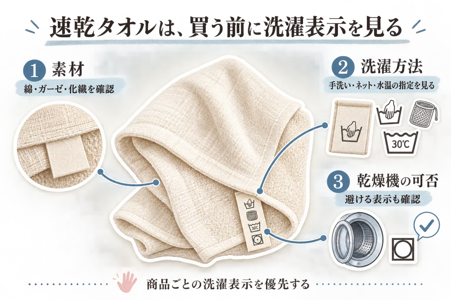 速乾タオルを買う前に洗濯表示を確認する図。タオルのタグを中心に、綿・ガーゼ・化繊の素材、手洗い・洗濯ネット・30℃以下などの洗濯方法、乾燥機の可否や避ける表示を確認し、商品ごとの洗濯表示を優先すると示している