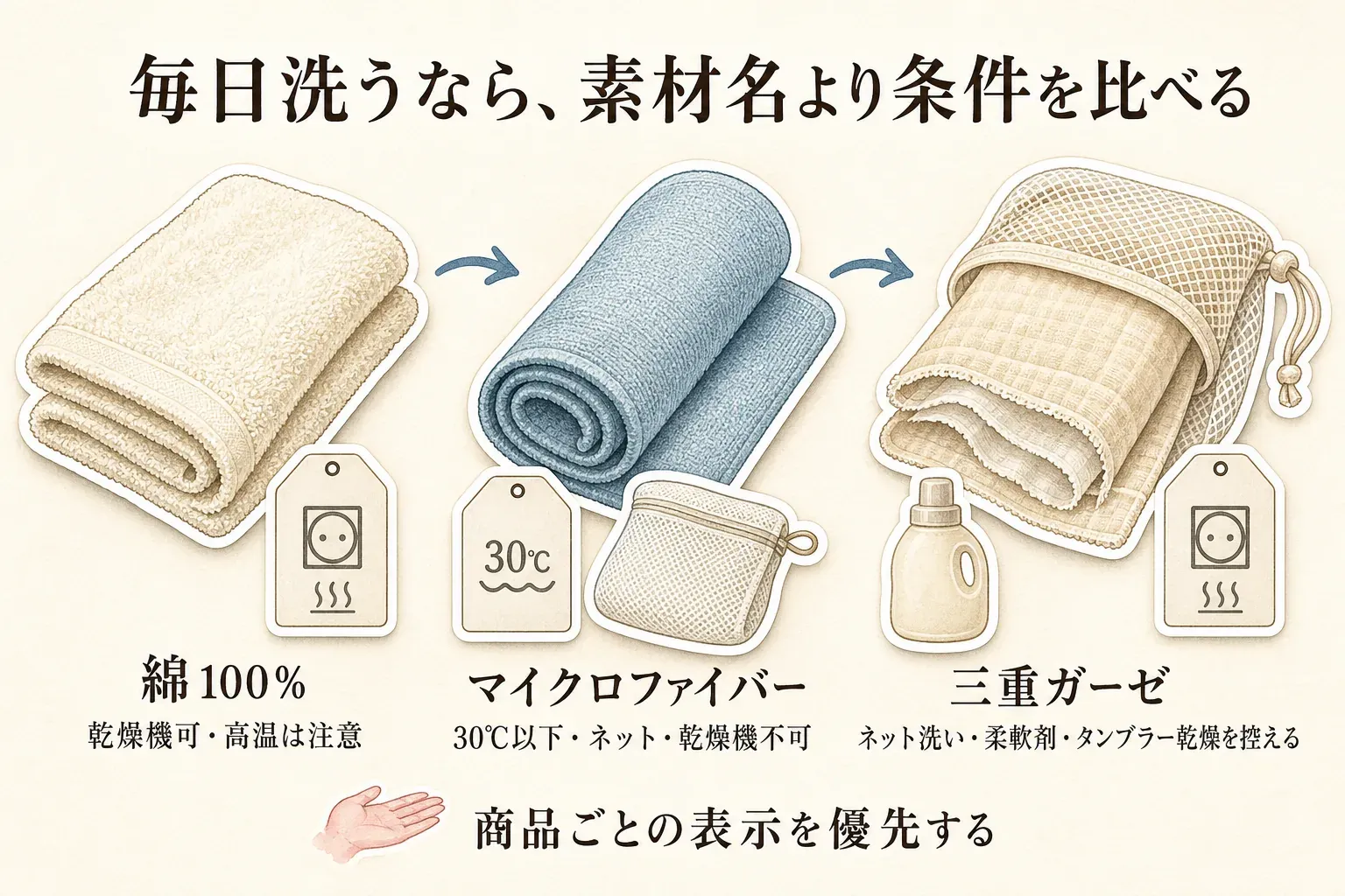 毎日洗うタオルの洗濯条件を比べる図。綿100％は乾燥機可だが高温に注意、マイクロファイバーは30℃以下・ネット使用・乾燥機不可、三重ガーゼはネット洗いで柔軟剤とタンブラー乾燥を控えると示し、商品ごとの表示を優先すると案内している