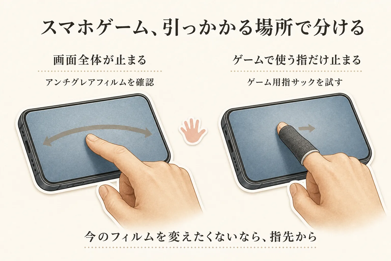 スマホゲームで引っかかる場所による選び方を示す図。画面全体で指が止まる場合はアンチグレアフィルムを確認し、ゲームで使う指だけが止まる場合はゲーム用指サックを試す。今のフィルムを変えたくない場合は指先から試すと説明している