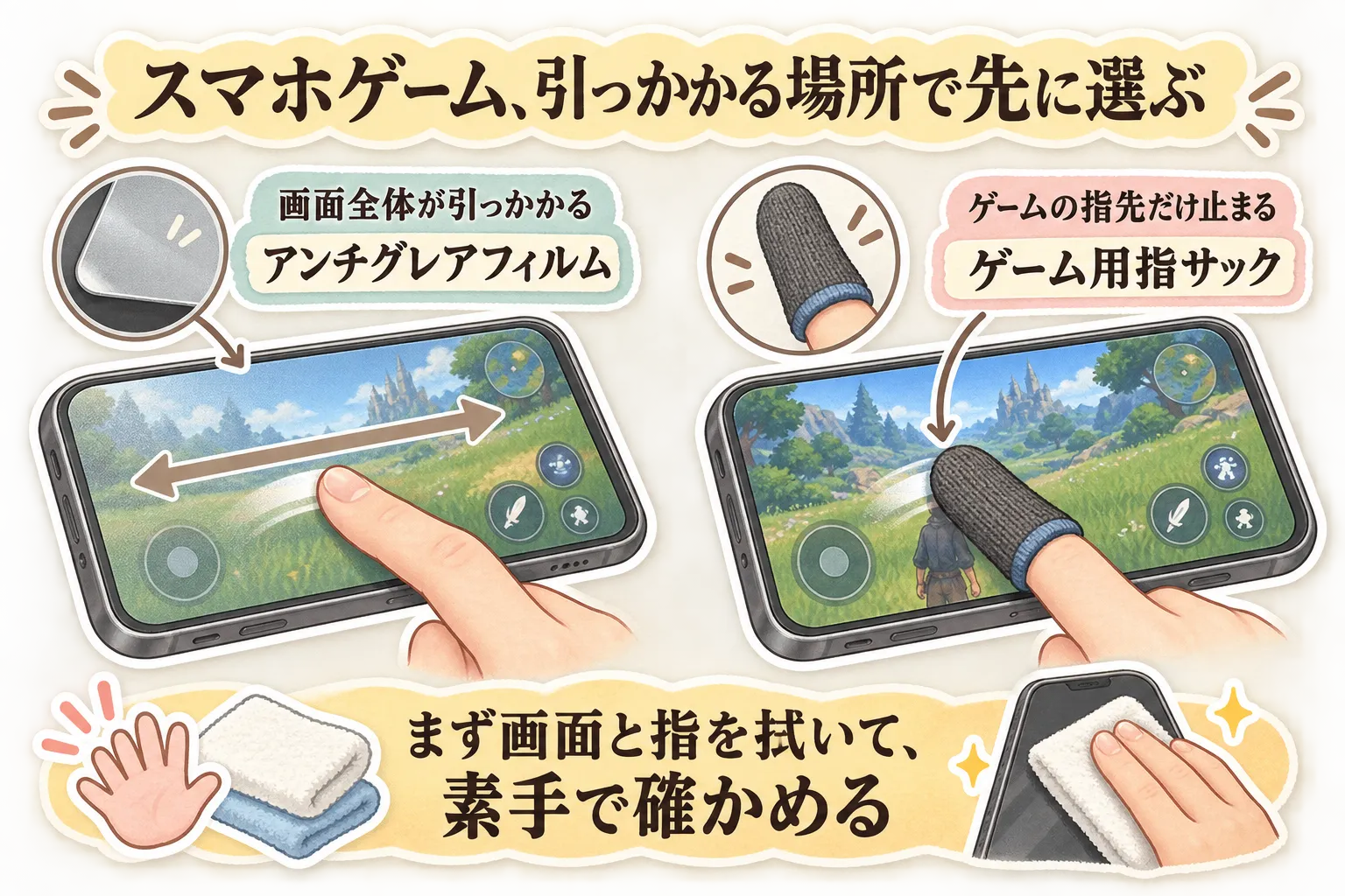 スマホゲームで引っかかる場所を確認する図。画面全体が引っかかる場合はアンチグレアフィルム、ゲームで使う指先だけが止まる場合はゲーム用指サックを選ぶ目安と、画面と指を布で拭いて素手で確かめる手順を、スマートフォンと手のイラストで示している