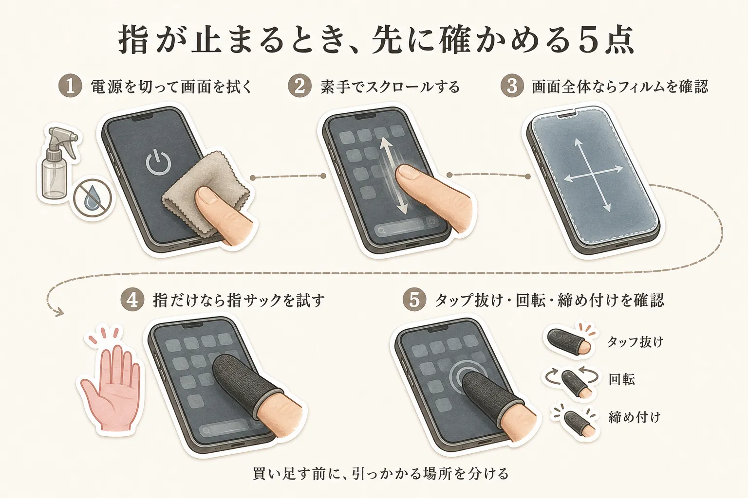スマホで指が止まるときに先に確認する5点を示す図。電源を切って画面を拭く、素手でスクロールする、画面全体ならフィルムを確認する、指だけなら指サックを試す、タップ抜け・回転・締め付けを確認する、という順番をスマートフォンと手のイラストで示している