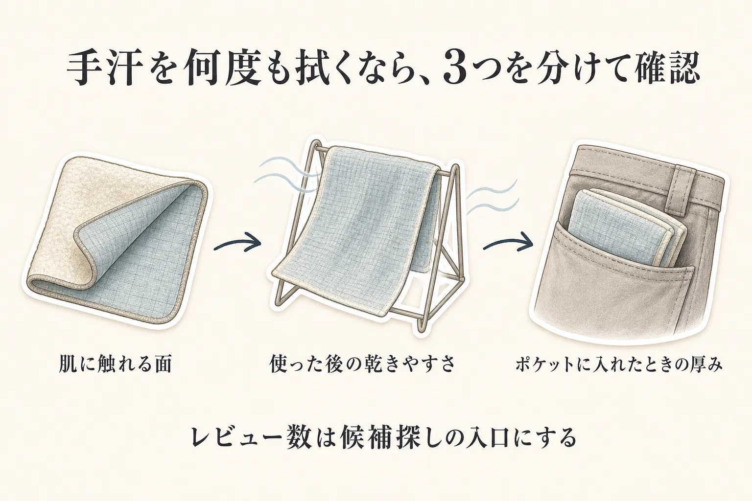手汗を何度も拭くときにタオルハンカチで確認する3点を示す図。肌に触れる面、使った後の乾きやすさ、ポケットに入れたときの厚みを、ハンカチ、物干し、ポケットのイラストで説明し、レビュー数は候補探しの入口にすると示している