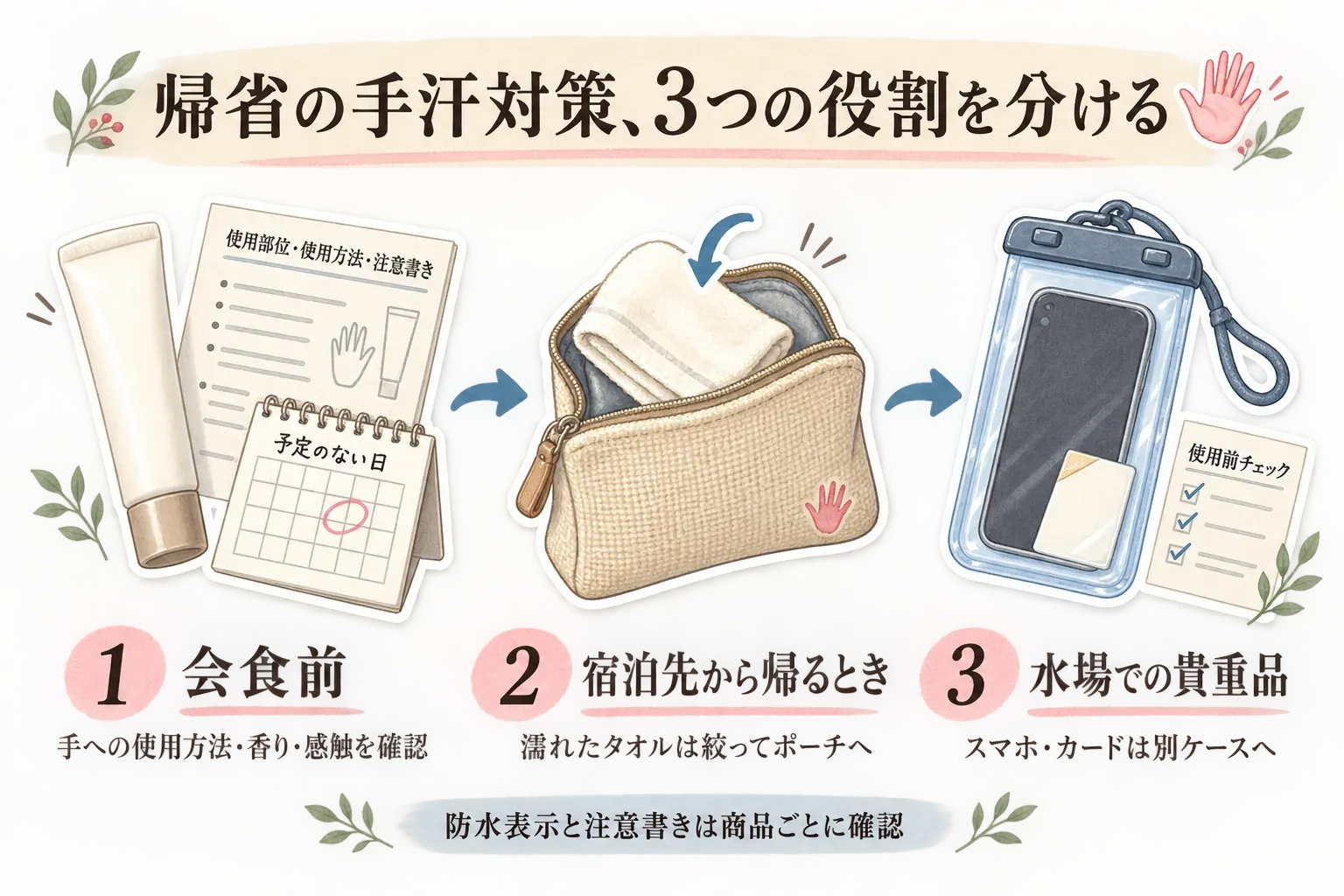 帰省時の手汗対策を3つの役割に分ける図。会食前はクリームの使用部位・使用方法・注意書きと香り・感触を確認し、宿泊先から帰るときは濡れたタオルを絞ってポーチへ入れ、水場ではスマホ・カードを別の防水ケースへ入れる。防水表示と注意書きは商品ごとに確認する