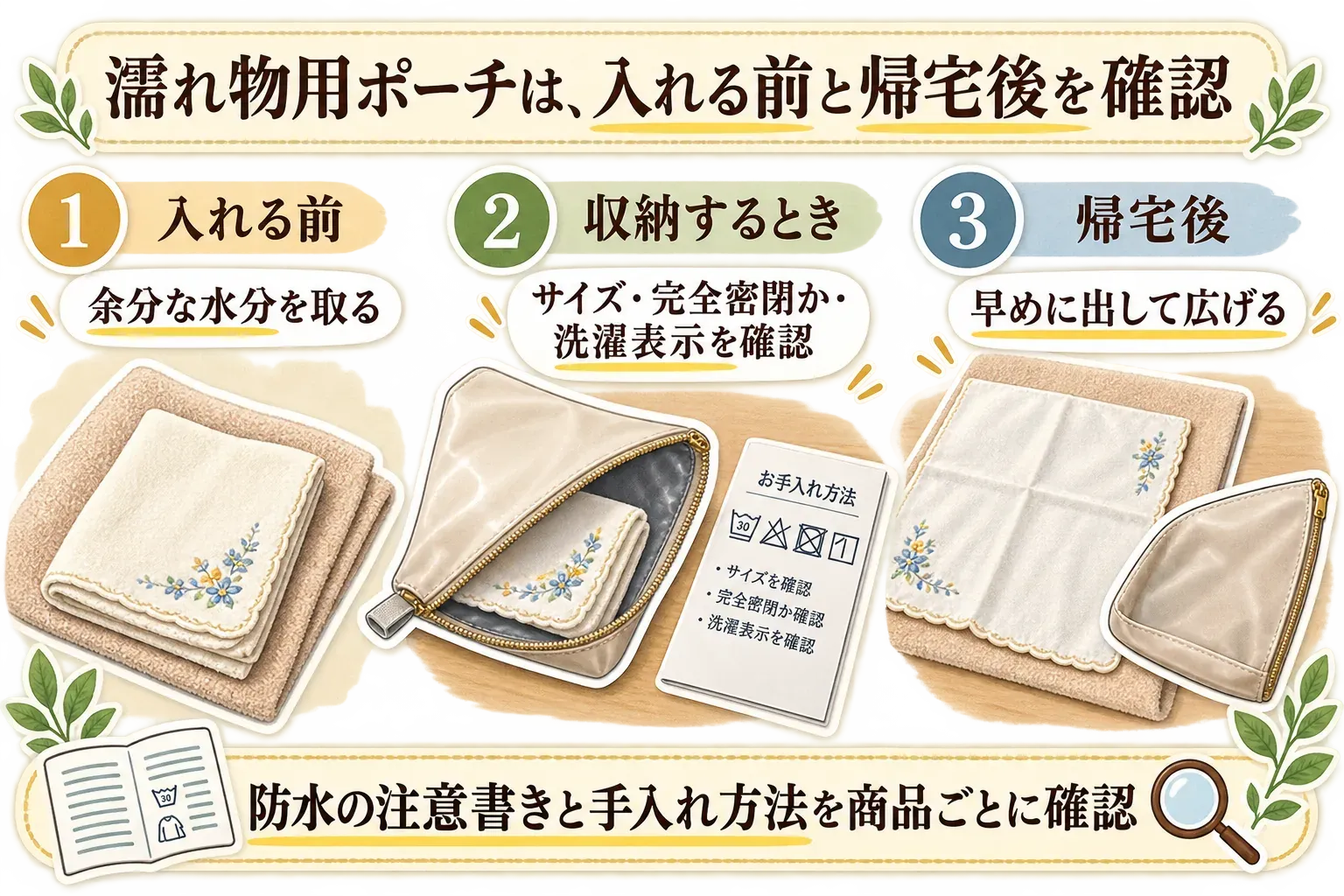 濡れ物用ポーチの使い方を3段階で示す図。入れる前にタオルやハンカチの余分な水分を取り、収納時にサイズ・完全密閉か・洗濯表示を確認し、帰宅後は早めに中身を出して広げる。防水の注意書きと手入れ方法は商品ごとに確認する